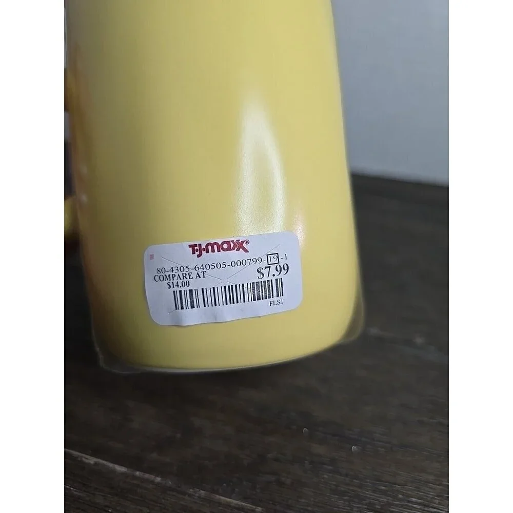 NWT Rae Dunn Artisan Let's Get Lost Yellow Ceramic Mug Wood Lid Coaster